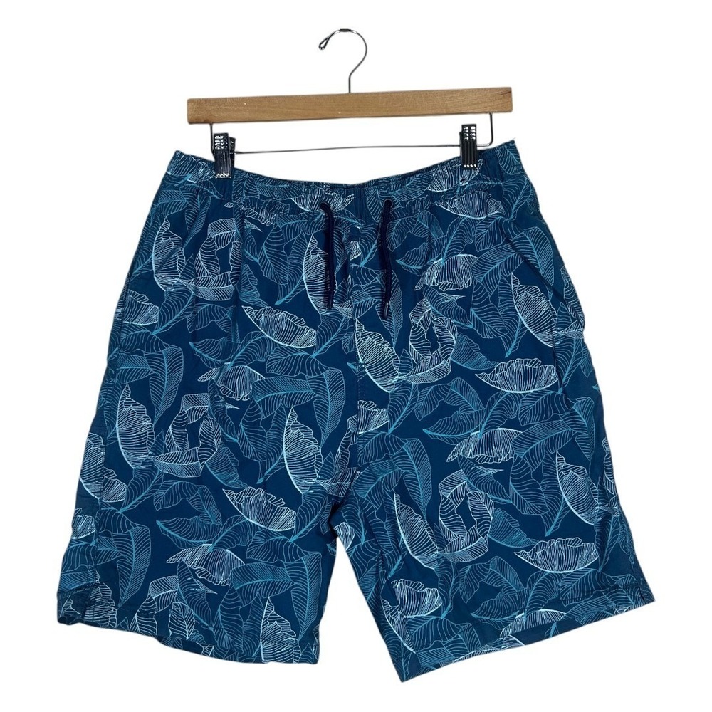 Michael Brandon Essentials Tropical Leaf Print Shorts Blue Summer Stretch SizeXL